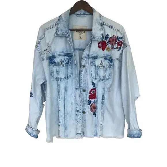 Hollister Light Denim Floral Embroidered Button Front Jacket - XL - Picture 1 of 8